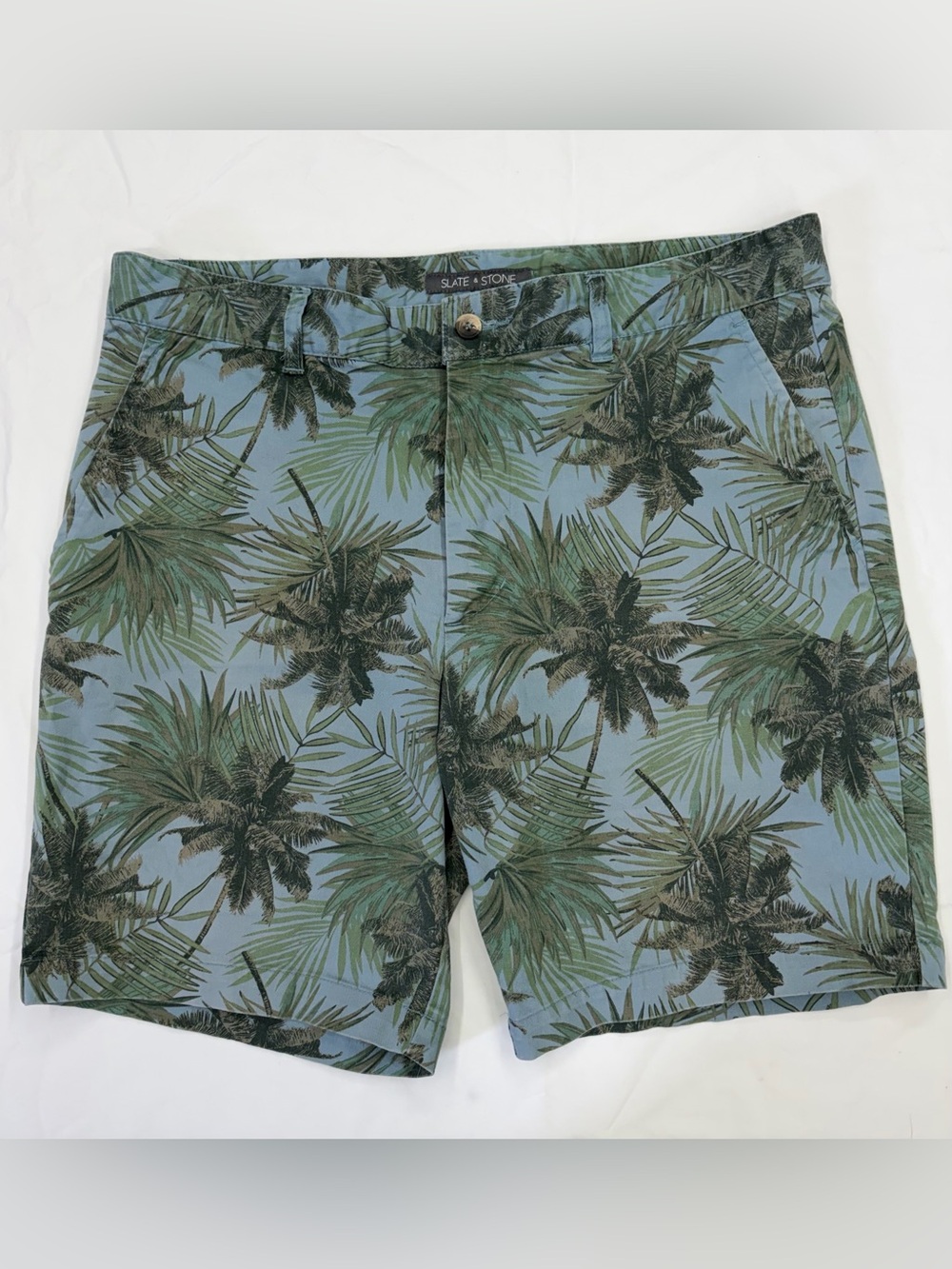 Slate & Stone Palm-Print Blue & Green Flat Front Shorts